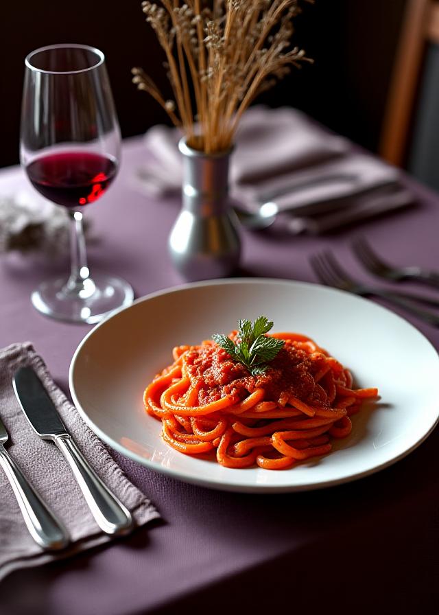 Dettaglio tavola apparecchiata con cura e vino rosso